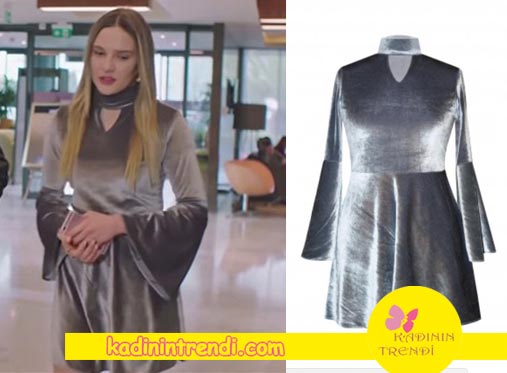 Paramparça dizisinin 88 bölümü Hazalın giydiği gri kadife elbisenin markası H6 by Hazal Ozman