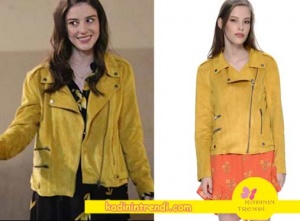 Yıldızlar-Şahidim-1-ve-2-Bölüm-Dizi-Kıyafetleri-Haziran-sarı fermuarlı süet ceket Boyner markasıdır Mink Pink Ceket