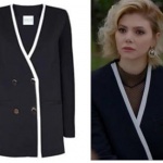Dolunay Kıyafetleri Final Demet'in yakası beyaz şeritli siyah ceketinin markası Simone and So. Demet siyah transparan bluz Bershka.
