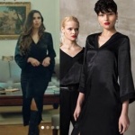 İstanbullu Gelin İpekin giydiği siyah önden yırtmaçlı elbisesi Just Like You marka
