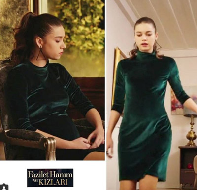 Fazilet Hanım ve Kızları son bölüm de Afra Saracoğlu'nun ECENİN GİYDİĞİ yeşil kadife elbisenin markası 3 Za Gency marka