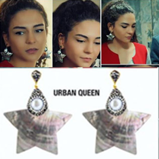 İstanbullu Gelin Burcu kıyafetleri Burcu'nun İstanbullu Gelin Son bölümde taktığı yıldız küpeler Urban Quuen marka.