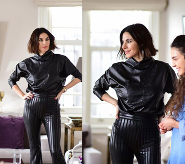 İstanbullu Gelin Burcu'nun annesi Siren siyah deri pantolon ve siyah deri bluz markası Esra Gürses.